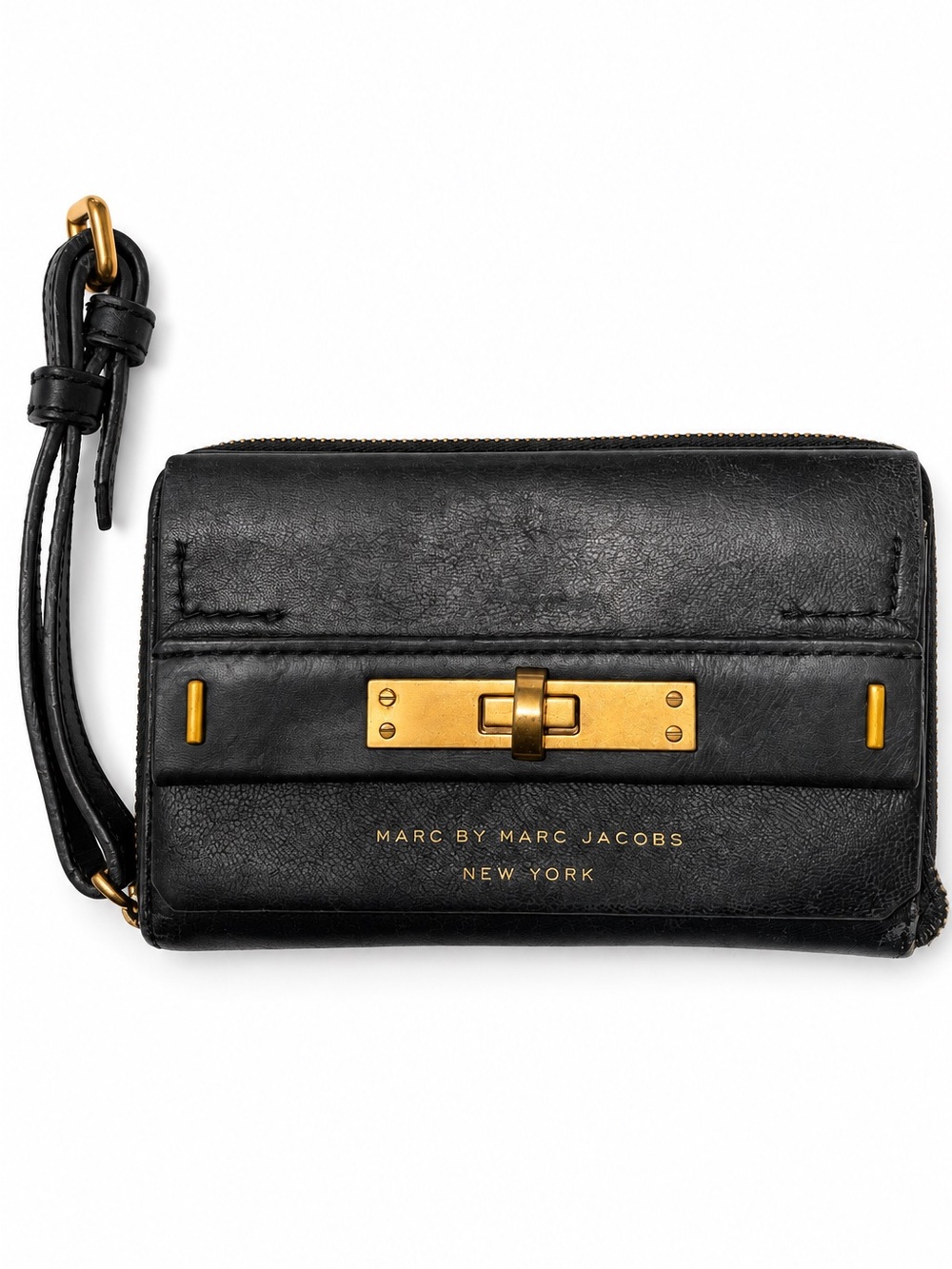 Marc by Marc Jacobs Black Lamb Leather Zip Around Wristlet Wallet Gold Hardware
